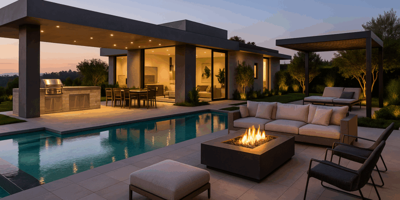luxury backyard patio at night