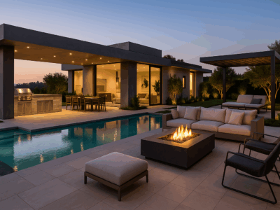 luxury backyard patio at night
